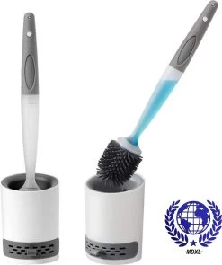 Mdxl® Siliconen WC Borstel Met Zeepdispenser - Hervulbaar - Vrijstaand Of Hangend - Sneldrogend, Hygiënisch & Antibacteriële Werking - Zonder Boren - Toilet Brush - Toiletborstel Houder - Lekbak