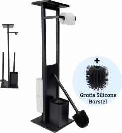 Mmoods Toiletbutler Zwart - WC Borstel Met Toiletrolhouder Vrijstaand - Toiletborstel Siliconen Industrieel Design Mmoods - Reserverolhouder Zonder Boren Staand Met Plankje RVS