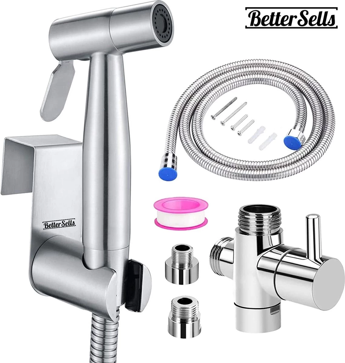 BetterSells® Bidet Handdoucheset - Shattaf - Bidet Sproeier Uit Geborsteld RVS - Inclusief Slang, T-stuk & Wandhouder 1 BetterSells® Bidet Handdoucheset - Shattaf - Bidet Sproeier Uit Geborsteld RVS - Inclusief Slang, T-stuk & Wandhouder