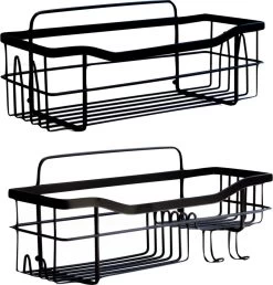 STRICX Doucherek 2 Laags Zwart - Zelfklevend Doucherek Inclusief 3 Ophanghaakjes - Doucherek Voor Badkamer / Keuken - Doucherek Met Plakstrip - Keukenrek Met Plakstrip - Badrek Douche - Kruidenrek Specerijen - Badkamerrek Douchemandje -Grohe Winkel 1150x1200 2