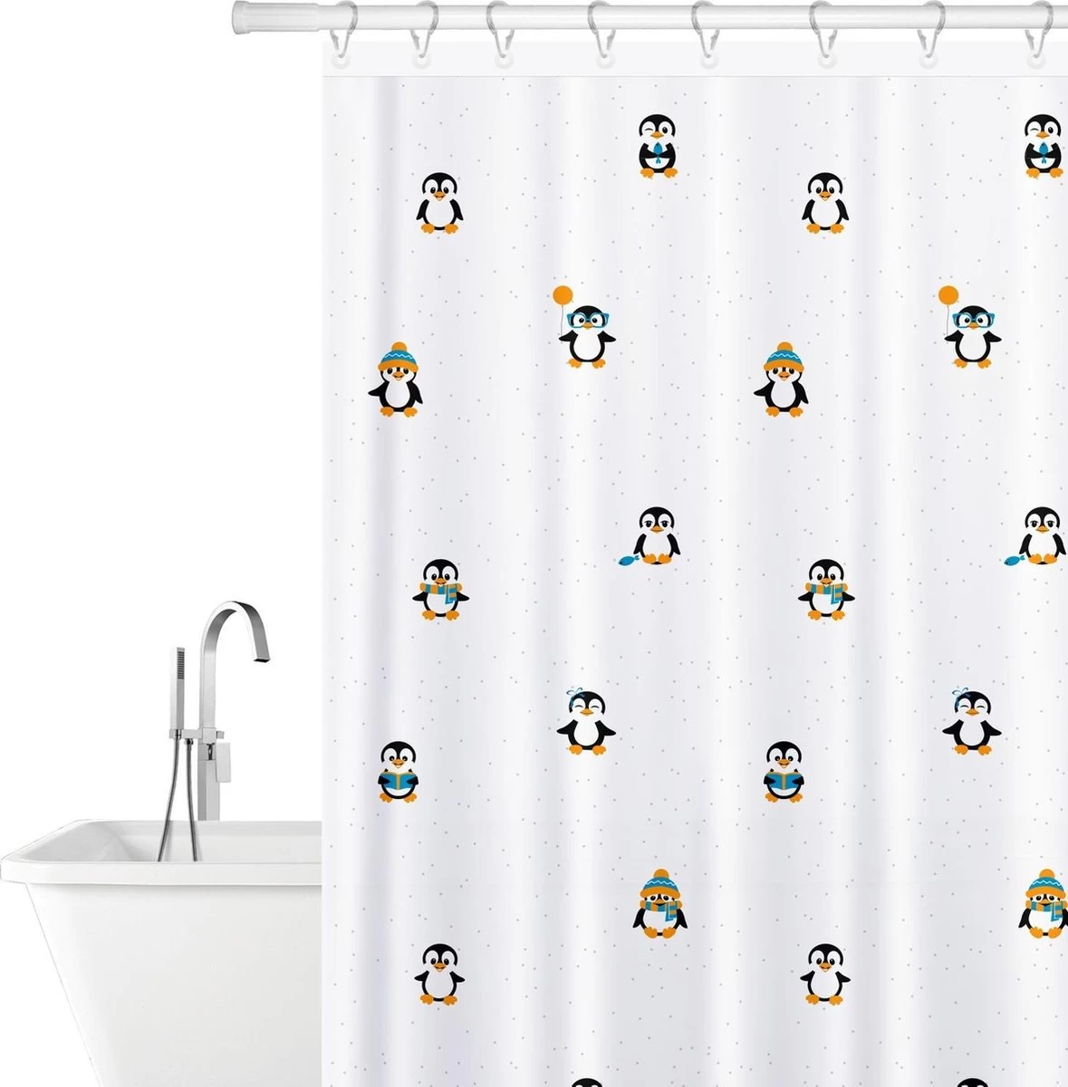 FUNNY PENGUINS - Waterdicht Douchegordijn - Met GRATIS 12 Ringen - Anti-Schimmel Badkamer Gordijn - Wasbaar - 100% Polyester - Pinguins Design - 180X180 CM 1 FUNNY PENGUINS - Waterdicht Douchegordijn - Met GRATIS 12 Ringen - Anti-Schimmel Badkamer Gordijn - Wasbaar - 100% Polyester - Pinguins Design - 180X180 CM