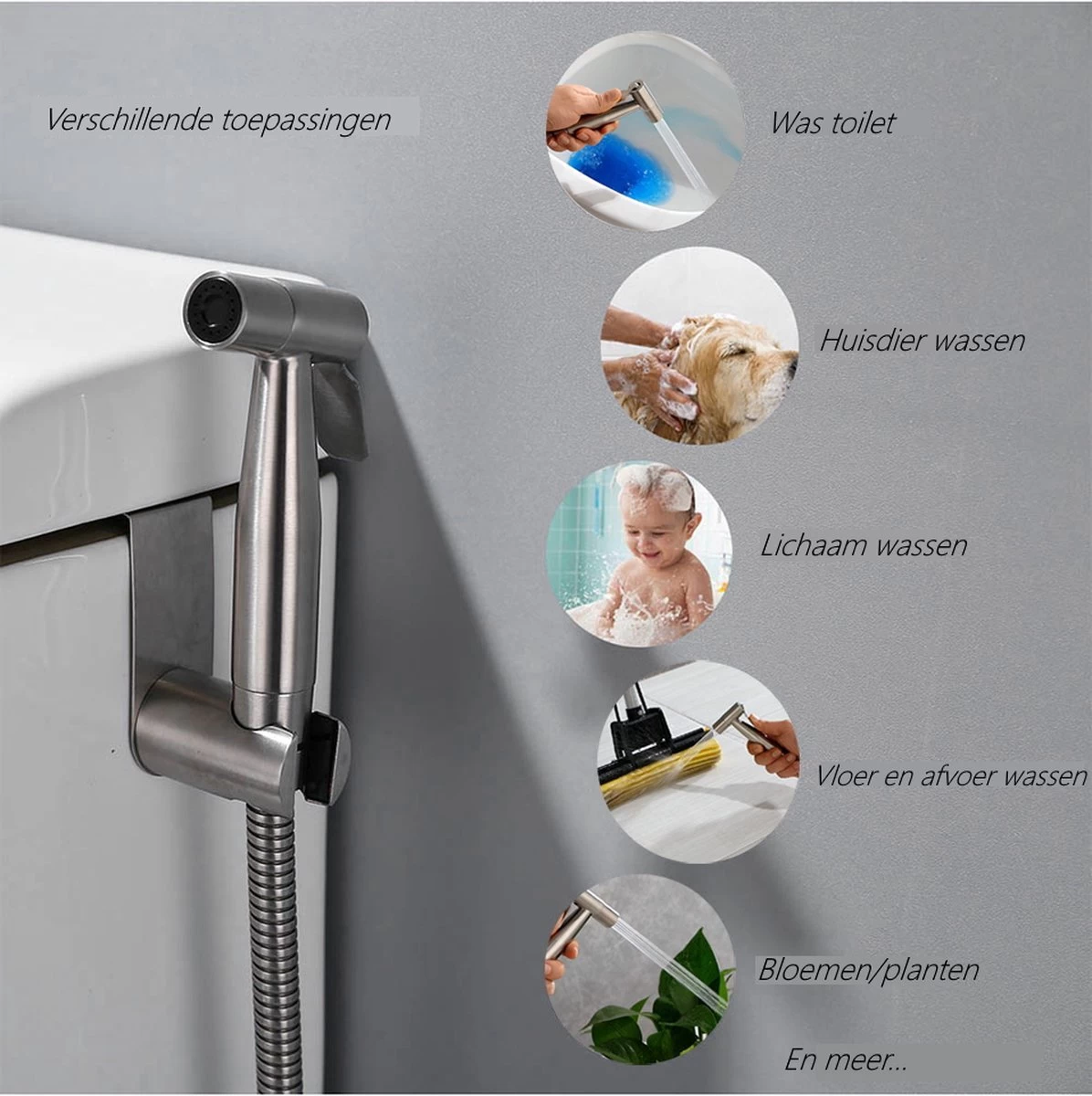 BetterSells® Bidet Handdoucheset - Shattaf - Bidet Sproeier Uit Geborsteld RVS - Inclusief Slang, T-stuk & Wandhouder 2 BetterSells® Bidet Handdoucheset - Shattaf - Bidet Sproeier Uit Geborsteld RVS - Inclusief Slang, T-stuk & Wandhouder - Image 2