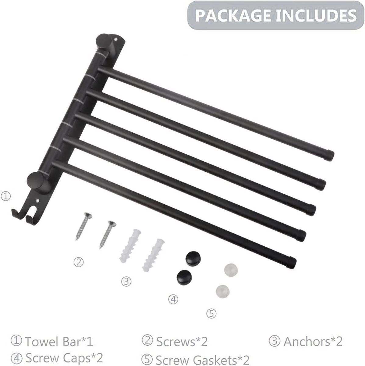 BOTC Handdoekrek - 5-armig Handdoekhouder - Handdoekstang - 180 Graden Verstelbaar - Badkamer - Zwart 5 BOTC Handdoekrek - 5-armig Handdoekhouder - Handdoekstang - 180 Graden Verstelbaar - Badkamer - Zwart - Image 5