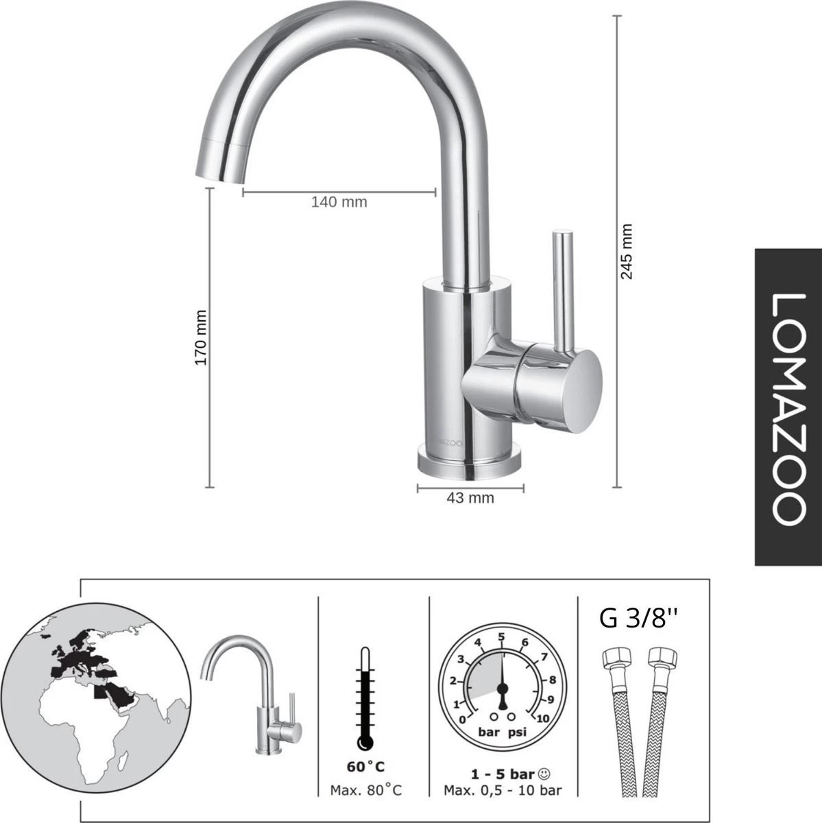 LOMAZOO Wastafelkraan Cupid - Chroom 2 LOMAZOO Wastafelkraan Cupid - Chroom - Image 2