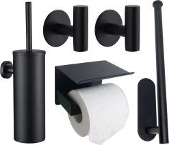 Toiletset Zwart 4-delig - Toiletaccessoireset - Toiletborstelhouder - Toiletrolhouder - Reserverolhouder - Handdoekhaakjes - RVS - Toilet Accessoires Set - Badkamer