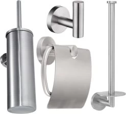 Toiletaccessoireset RVS 4-delig - Luxe Toilet Set - Toiletborstel Met Houder - Toiletrolhouder Met Klep - Reserverolhouder - Handdoekhaak - Zilver - Toiletset