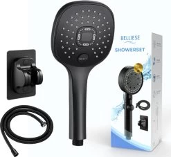 Belliese Doucheset Select - Luxe Douchekop - Doucheslang - Douchekophouder - Douchekop Met Slang - Waterbesparende Douchekop - Badkamer Accessoires - Montage Zonder Boren - 3 Standen - Zwart - Select Knop