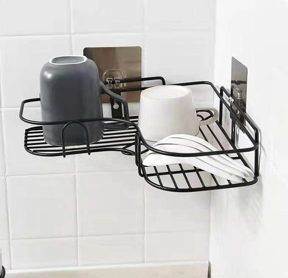 HomeBasics Zelfklevend Doucherek | Zwart | Zonder Boren | Doucherek Met Zuignap | Zuignappen | Doucherek Hoek | Badrek | Douchemandje | Keukenrek | Specerijenrek | Kruidenrek 4 HomeBasics Zelfklevend Doucherek | Zwart | Zonder Boren | Doucherek Met Zuignap | Zuignappen | Doucherek Hoek | Badrek | Douchemandje | Keukenrek | Specerijenrek | Kruidenrek - Image 4