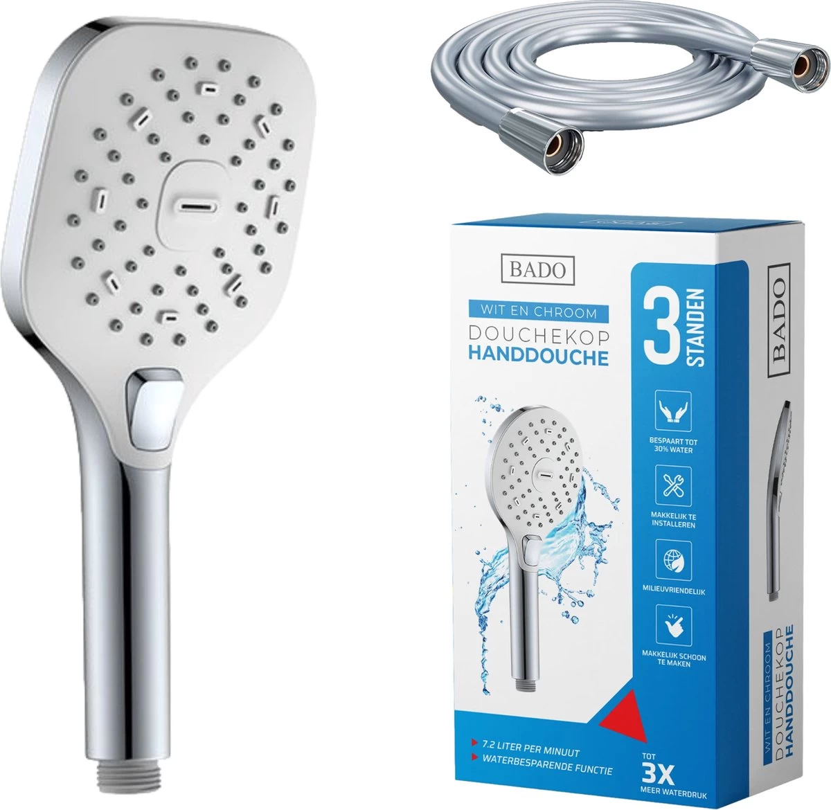 BADO Douchekop Met Slang - Handdouche - Douchekop - Waterbesparend - Doucheslang - Chroom 1 BADO Douchekop Met Slang - Handdouche - Douchekop - Waterbesparend - Doucheslang - Chroom