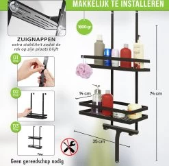 Doucherek Zonder Boren Inclusief Douchewisser - Aan Douchewand - Zwart - Ophangbaar - Zuignap - 2 Laags - Wiper - Shower Rack - Valentijnsdag Cadeau -Grohe Winkel 1200x1175 9