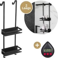 Merkloos Doucherek - Doucherek Zonder Boren - Doucherek Hangend - Zwart - RVS - Doucherekje - Badkamerrek - GRATIS DOUCHETIMER