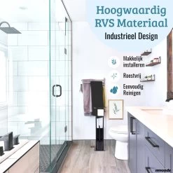 Mmoods Toiletbutler Zwart - WC Borstel Met Toiletrolhouder Vrijstaand - Toiletborstel Siliconen Industrieel Design Mmoods - Reserverolhouder Zonder Boren Staand Met Plankje RVS -Grohe Winkel 1200x1200 1473