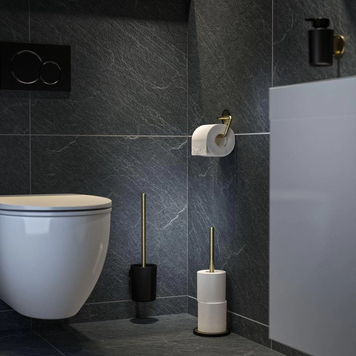 Tiger Tune - Toiletaccessoireset - Toiletborstel Met Houder - Toiletrolhouder Zonder Klep - Handdoekhaak – Messing Geborsteld / Zwart 8 Tiger Tune - Toiletaccessoireset - Toiletborstel Met Houder - Toiletrolhouder Zonder Klep - Handdoekhaak – Messing Geborsteld / Zwart - Image 8