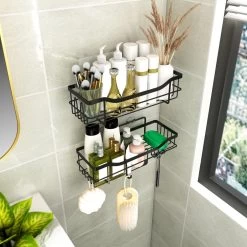 STRICX Doucherek 2 Laags Zwart - Zelfklevend Doucherek Inclusief 3 Ophanghaakjes - Doucherek Voor Badkamer / Keuken - Doucherek Met Plakstrip - Keukenrek Met Plakstrip - Badrek Douche - Kruidenrek Specerijen - Badkamerrek Douchemandje -Grohe Winkel 1200x1200 1702