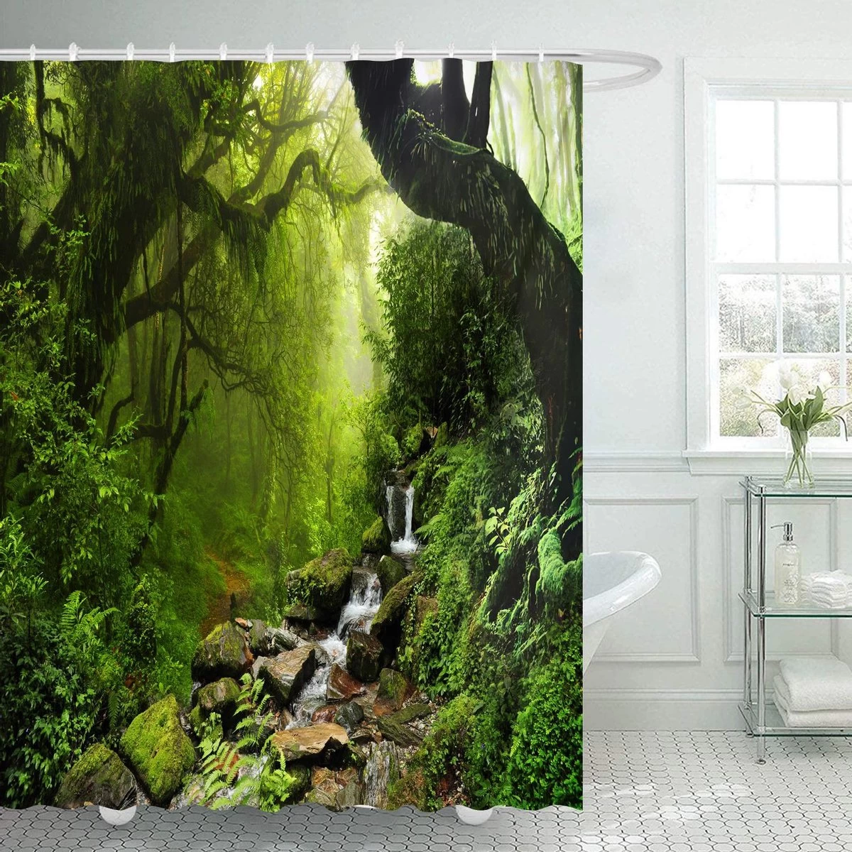 Ulticool Douchegordijn - Regenwoud Natuur Eco Planten Waterval - 180 X 200 Cm - Semi Transparant - Met 12 Ringen Wit - Anti Schimmel - Groen 1 Ulticool Douchegordijn - Regenwoud Natuur Eco Planten Waterval - 180 X 200 Cm - Semi Transparant - Met 12 Ringen Wit - Anti Schimmel - Groen