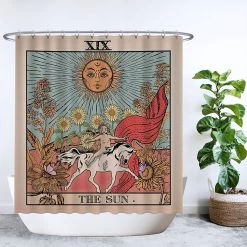 Ulticool Douchegordijn - Zon Natuur Bloemen Tarot Horoscoop Vintage Retro - 180 X 200 Cm - Semi Transparant - Met 12 Ringen Wit - Anti Schimmel - Multi Color