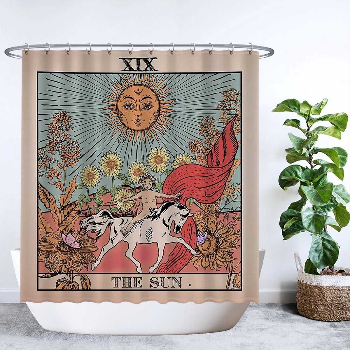 Ulticool Douchegordijn - Zon Natuur Bloemen Tarot Horoscoop Vintage Retro - 180 X 200 Cm - Semi Transparant - Met 12 Ringen Wit - Anti Schimmel - Multi Color 1 Ulticool Douchegordijn - Zon Natuur Bloemen Tarot Horoscoop Vintage Retro - 180 X 200 Cm - Semi Transparant - Met 12 Ringen Wit - Anti Schimmel - Multi Color