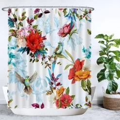 Ulticool Douchegordijn - Bloem Vogel Natuur - 180 X 200 Cm - Semi Transparant - Met 12 Ringen Wit - Anti Schimmel - Multi Color
