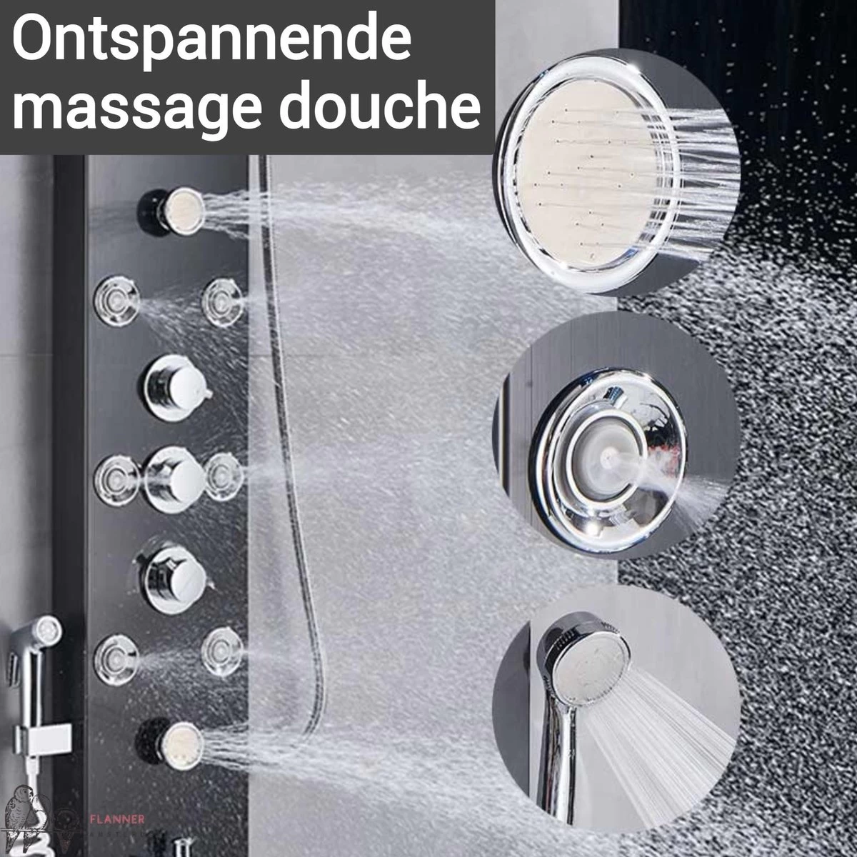Douchepaneel Met Massage - Regendouche - Massage Jets - Waterval Douche - Met Thermostaatkraan En Handdouche - Zwart - Opbouw - Douchekop - Flanner® 3 Douchepaneel Met Massage - Regendouche - Massage Jets - Waterval Douche - Met Thermostaatkraan En Handdouche - Zwart - Opbouw - Douchekop - Flanner® - Image 3