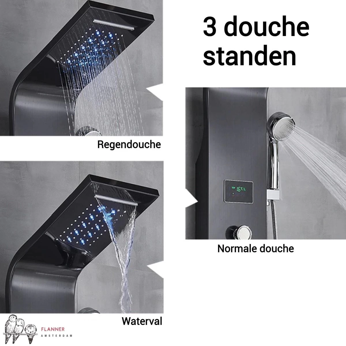 Douchepaneel Met Massage - Regendouche - Massage Jets - Waterval Douche - Met Thermostaatkraan En Handdouche - Zwart - Opbouw - Douchekop - Flanner® 4 Douchepaneel Met Massage - Regendouche - Massage Jets - Waterval Douche - Met Thermostaatkraan En Handdouche - Zwart - Opbouw - Douchekop - Flanner® - Image 4