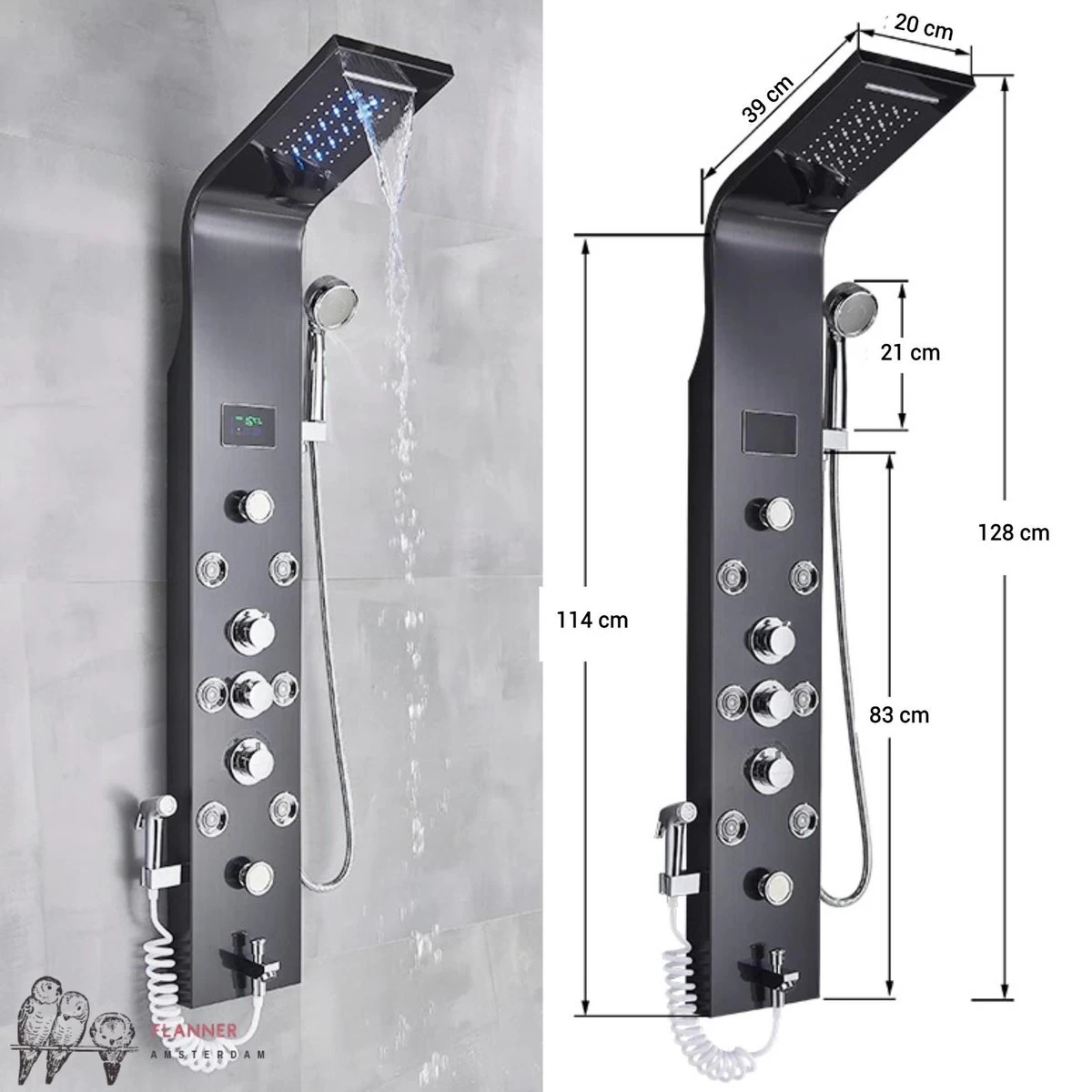 Douchepaneel Met Massage - Regendouche - Massage Jets - Waterval Douche - Met Thermostaatkraan En Handdouche - Zwart - Opbouw - Douchekop - Flanner® 5 Douchepaneel Met Massage - Regendouche - Massage Jets - Waterval Douche - Met Thermostaatkraan En Handdouche - Zwart - Opbouw - Douchekop - Flanner® - Image 5