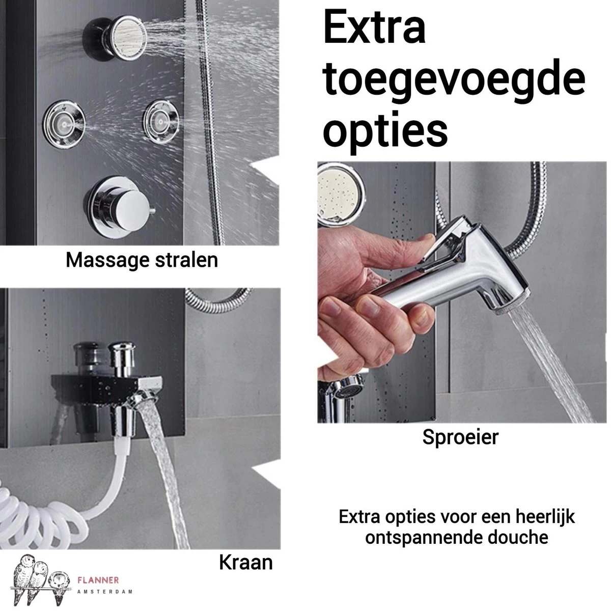 Douchepaneel Met Massage - Regendouche - Massage Jets - Waterval Douche - Met Thermostaatkraan En Handdouche - Zwart - Opbouw - Douchekop - Flanner® 7 Douchepaneel Met Massage - Regendouche - Massage Jets - Waterval Douche - Met Thermostaatkraan En Handdouche - Zwart - Opbouw - Douchekop - Flanner® - Image 7