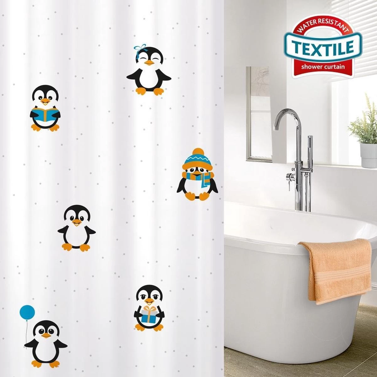 FUNNY PENGUINS - Waterdicht Douchegordijn - Met GRATIS 12 Ringen - Anti-Schimmel Badkamer Gordijn - Wasbaar - 100% Polyester - Pinguins Design - 180X180 CM 5 FUNNY PENGUINS - Waterdicht Douchegordijn - Met GRATIS 12 Ringen - Anti-Schimmel Badkamer Gordijn - Wasbaar - 100% Polyester - Pinguins Design - 180X180 CM - Image 5