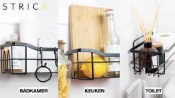 STRICX Doucherek 2 Laags Zwart - Zelfklevend Doucherek Inclusief 3 Ophanghaakjes - Doucherek Voor Badkamer / Keuken - Doucherek Met Plakstrip - Keukenrek Met Plakstrip - Badrek Douche - Kruidenrek Specerijen - Badkamerrek Douchemandje -Grohe Winkel 1200x675 50