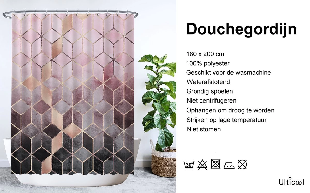 Ulticool Douchegordijn - Marmer Ombre Roze Geometrie - 180 X 200 Cm - Semi Transparant - Met 12 Ringen Wit - Anti Schimmel 2 Ulticool Douchegordijn - Marmer Ombre Roze Geometrie - 180 X 200 Cm - Semi Transparant - Met 12 Ringen Wit - Anti Schimmel - Image 2