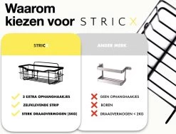 STRICX Doucherek 2 Laags Zwart - Zelfklevend Doucherek Inclusief 3 Ophanghaakjes - Doucherek Voor Badkamer / Keuken - Doucherek Met Plakstrip - Keukenrek Met Plakstrip - Badrek Douche - Kruidenrek Specerijen - Badkamerrek Douchemandje -Grohe Winkel 1200x920 3