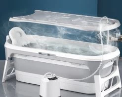 Livista® - Opvouwbaar Bad - Stoombad Grijs - Zitbad - Inklapbaar - Bath Bucket - 152 CM LANG - XL - Incl. Rugkussen, Stoommachine En Bad Accessoires