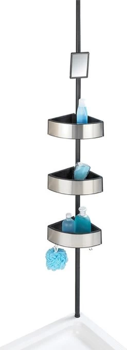 WENKO Telescopisch Doucherek Big Black 3-laags Met Spiegel Zilver/zwart - Bevestigen Zonder Boren