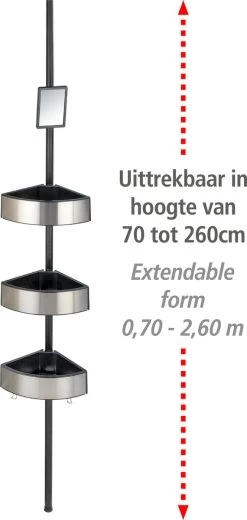 WENKO Telescopisch Doucherek Big Black 3-laags Met Spiegel Zilver/zwart - Bevestigen Zonder Boren -Grohe Winkel 570x1200