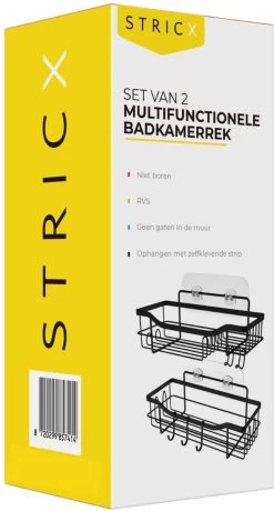 STRICX Doucherek 2 Laags Zwart - Zelfklevend Doucherek Inclusief 3 Ophanghaakjes - Doucherek Voor Badkamer / Keuken - Doucherek Met Plakstrip - Keukenrek Met Plakstrip - Badrek Douche - Kruidenrek Specerijen - Badkamerrek Douchemandje -Grohe Winkel 645x1200 1