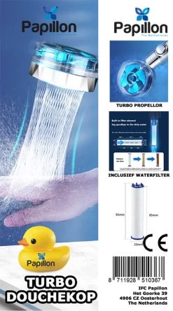 Papillon Douchekop - Turbo Hoge Druk - Met Waterfilter - Blauw -Grohe Winkel 666x1200