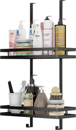 Doucherek Zonder Boren Inclusief Douchewisser - Aan Douchewand - Zwart - Ophangbaar - Zuignap - 2 Laags - Wiper - Shower Rack - Valentijnsdag Cadeau -Grohe Winkel 701x1200