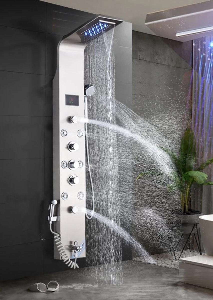 Douchepaneel Met Massage - Regendouche - Massage Jets - Waterval Douche - Met Thermostaatkraan En Handdouche - Zilver - Opbouw - Douchekop - Flanner® 1 Douchepaneel Met Massage - Regendouche - Massage Jets - Waterval Douche - Met Thermostaatkraan En Handdouche - Zilver - Opbouw - Douchekop - Flanner®