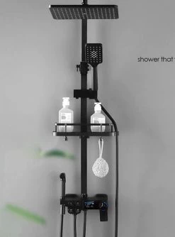 Merkloos Compleet Douchesysteem | ABS Doucheset | Mat Zwarte Hoofddouche En Handdouche | Vierkante Regendouche Voor Badkamer | Verstelbaar | Temperatuur Display | 360° Draaibaar