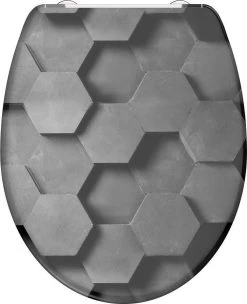 SCHÜTTE WC-Bril 82392 GREY HEXAGONS - Duroplast - Soft Close - Afklikbaar - RVS-Scharnieren - Decor - 3-zijdige Print