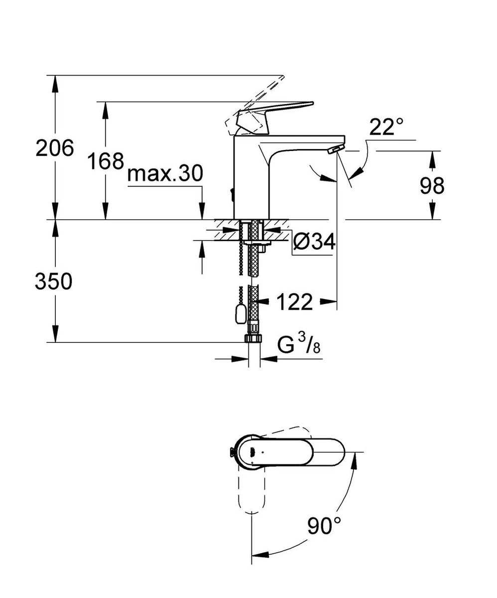 GROHE Eurosmart Cosmopolitan Wastafelkraan - Medium Uitloop - Met Trekwaste - Chroom - 2339700E 2 GROHE Eurosmart Cosmopolitan Wastafelkraan - Medium Uitloop - Met Trekwaste - Chroom - 2339700E - Image 2